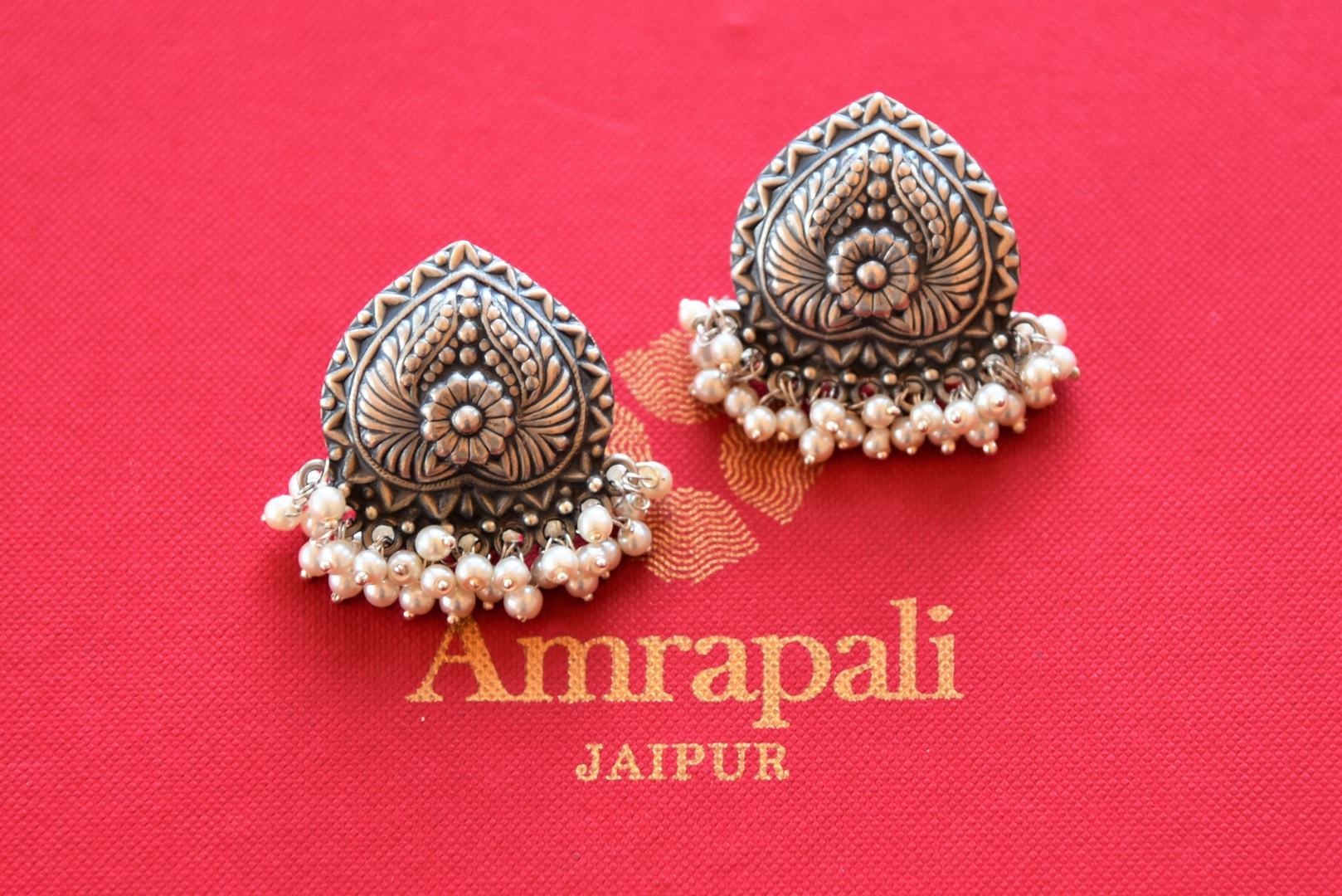 Buy stunning antique silver leaf earrings online in USA with pearl. Shop exclusive gold plated jewelry, wedding jewelry , bridal jewelry, gold plated earrings, silver jewelry from Amrapali at Pure Elegance Indian fashion store in USA.-full view
