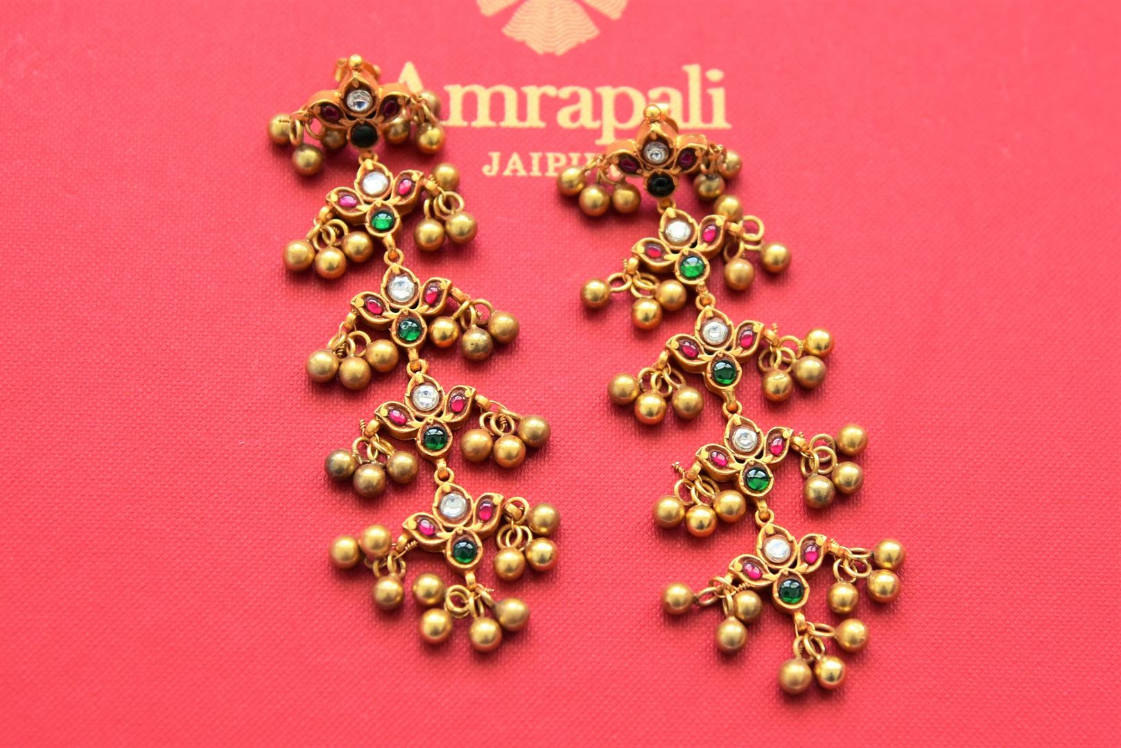 Buy stunning gold plated beads dangler earrings online in USA with stones. Shop gold plated jewelry, silver jewelry,  silver earrings, bridal jewelry, fashion jewelry from Amrapali from Pure Elegance Indian clothing store in USA.-full view