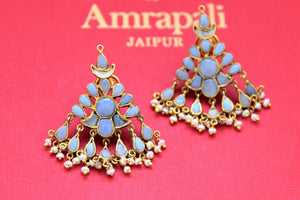 Shop beautiful light blue stone gold plated earrings online in USA with pearl drops. Shop gold plated jewelry, silver jewelry,  silver earrings, bridal jewelry, fashion jewelry from Amrapali from Pure Elegance Indian clothing store in USA.-full view