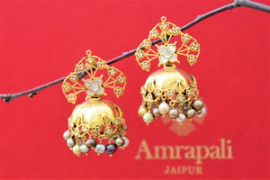 Shop beautiful gold plated floral top jhumki earrings online in USA with pearl drops. Shop gold plated jewelry, silver jewelry,  silver earrings, bridal jewelry, fashion jewelry from Amrapali from Pure Elegance Indian clothing store in USA.-full view
