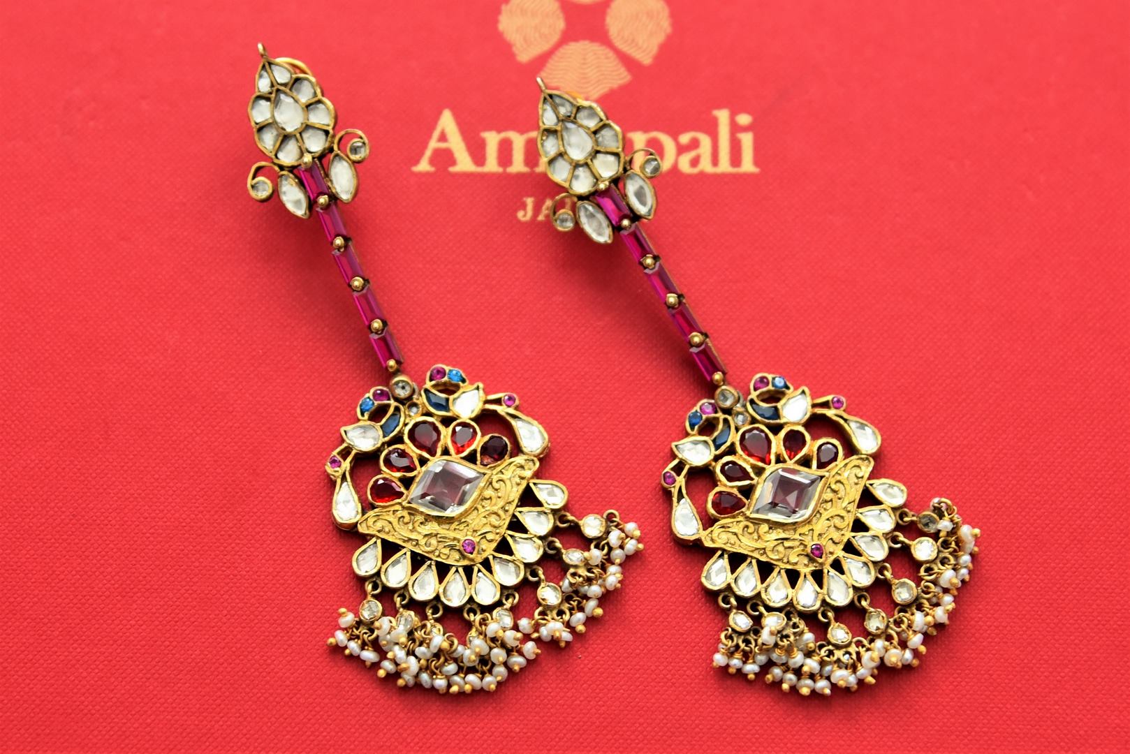 Shop beautiful multicolor glass gold plated drop earrings online in USA. Shop gold plated jewelry, silver jewelry,  silver earrings, bridal jewelry, fashion jewelry from Amrapali from Pure Elegance Indian clothing store in USA.-full view