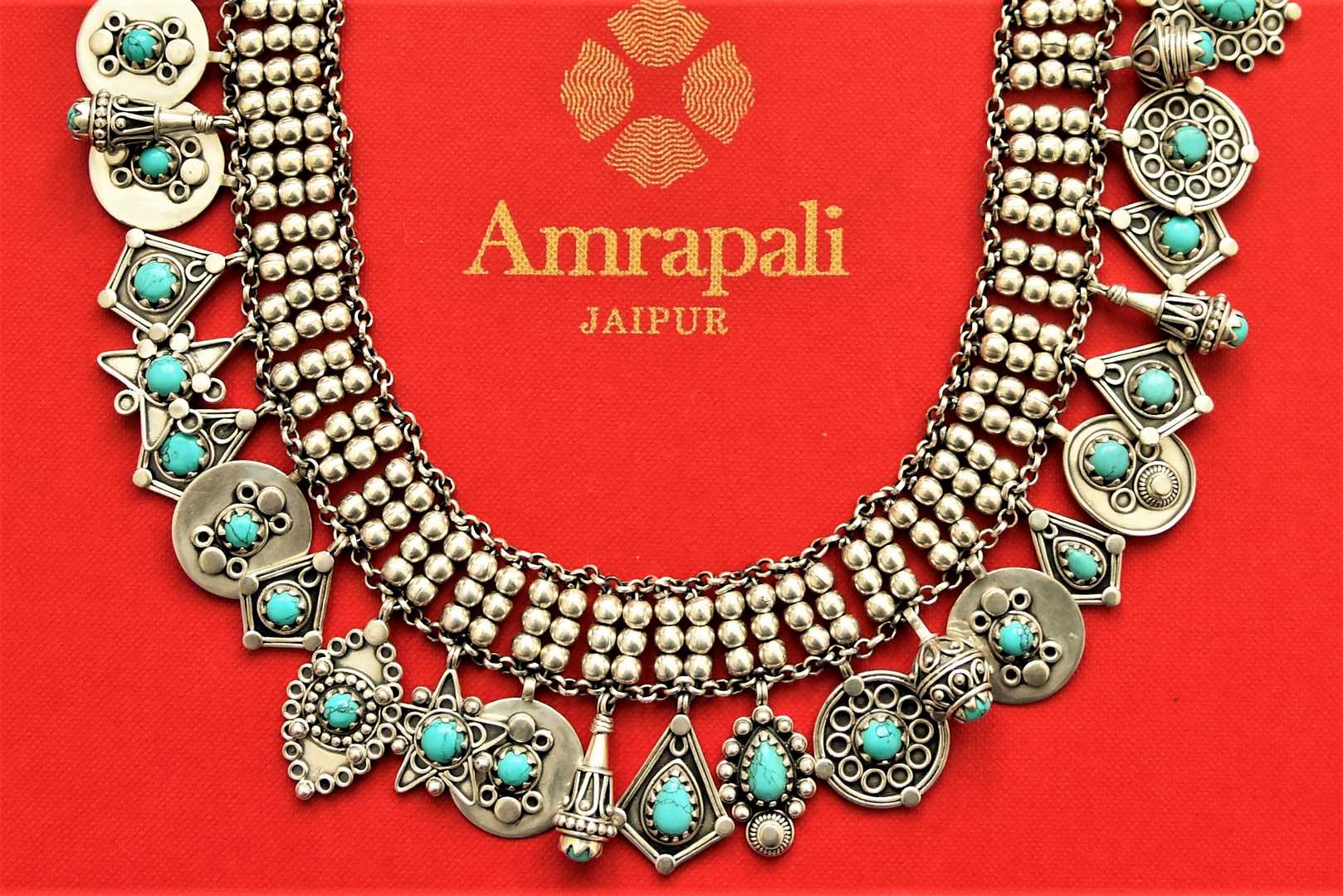 Shop stunning silver necklace online in USA with turquoise stones. Add an elegant touch to your style with gold plated necklace, silver jewelry, wedding jewelry, gold plated earrings in USA from Pure Elegance Indian fashion store in USA.-full view