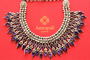 Buy beautiful heavy silver necklace online in USA with purple stone drops. Shop exclusive gold plated jewelry, wedding jewelry , bridal jewelry, gold plated earrings, silver jewelry from Amrapali at Pure Elegance Indian fashion store in USA.-full view