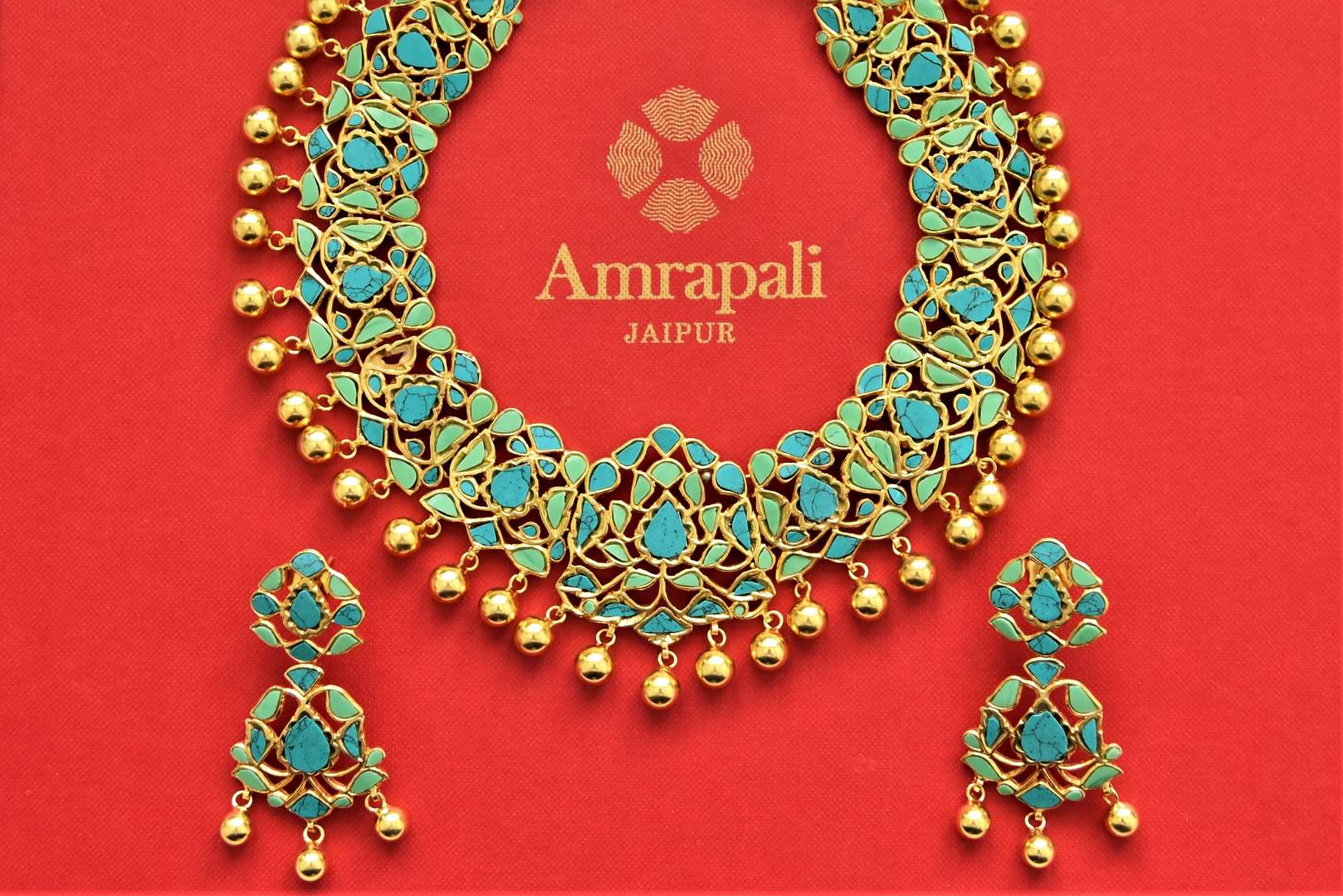 Shop stunning gold plated firoza necklace online in USA. Add an elegant touch to your style with gold plated necklace, silver jewelry, wedding jewelry, gold plated earrings in USA from Pure Elegance Indian fashion store in USA.-full view