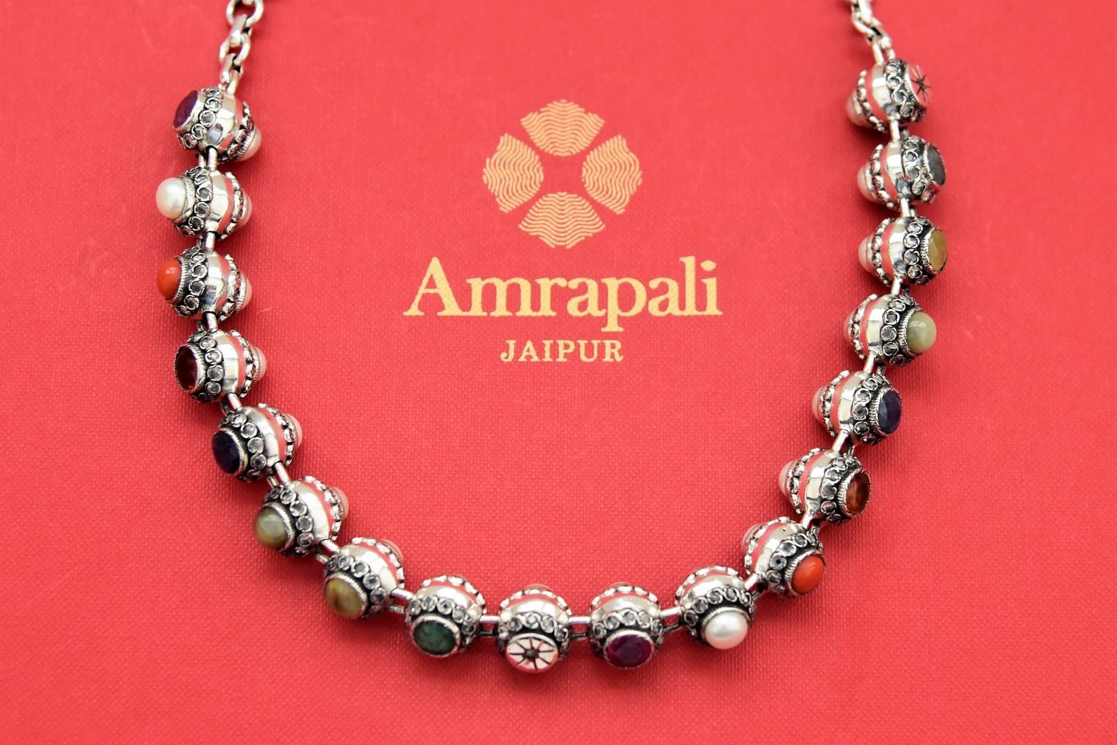 Shop stunning Amrapali multicolor stone silver necklace online in USA. Shop gold plated jewelry, silver jewelry,  silver earrings, bridal jewelry, fashion jewelry from Amrapali from Pure Elegance Indian clothing store in USA.-full view