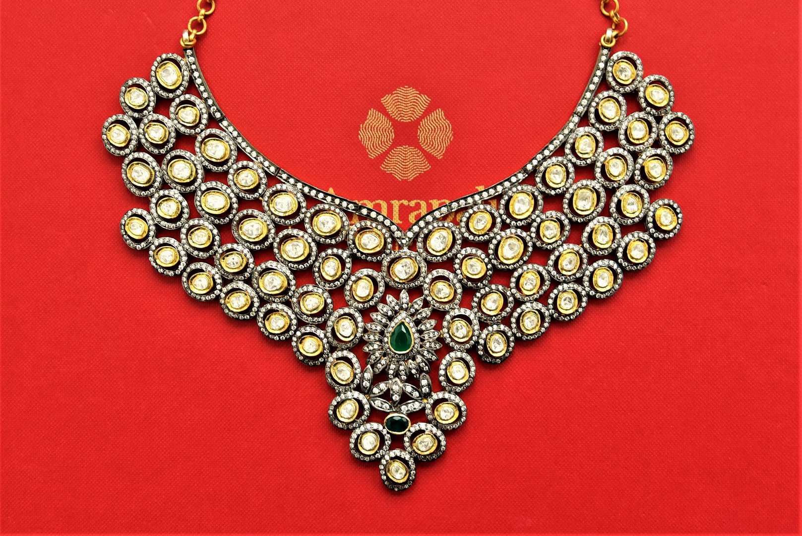 Shop stunning kundan zircon silver gold plated necklace online in USA. Add an elegant touch to your style with gold plated necklace, silver jewelry, wedding jewelry, gold plated earrings in USA from Pure Elegance Indian fashion store in USA.-full view
