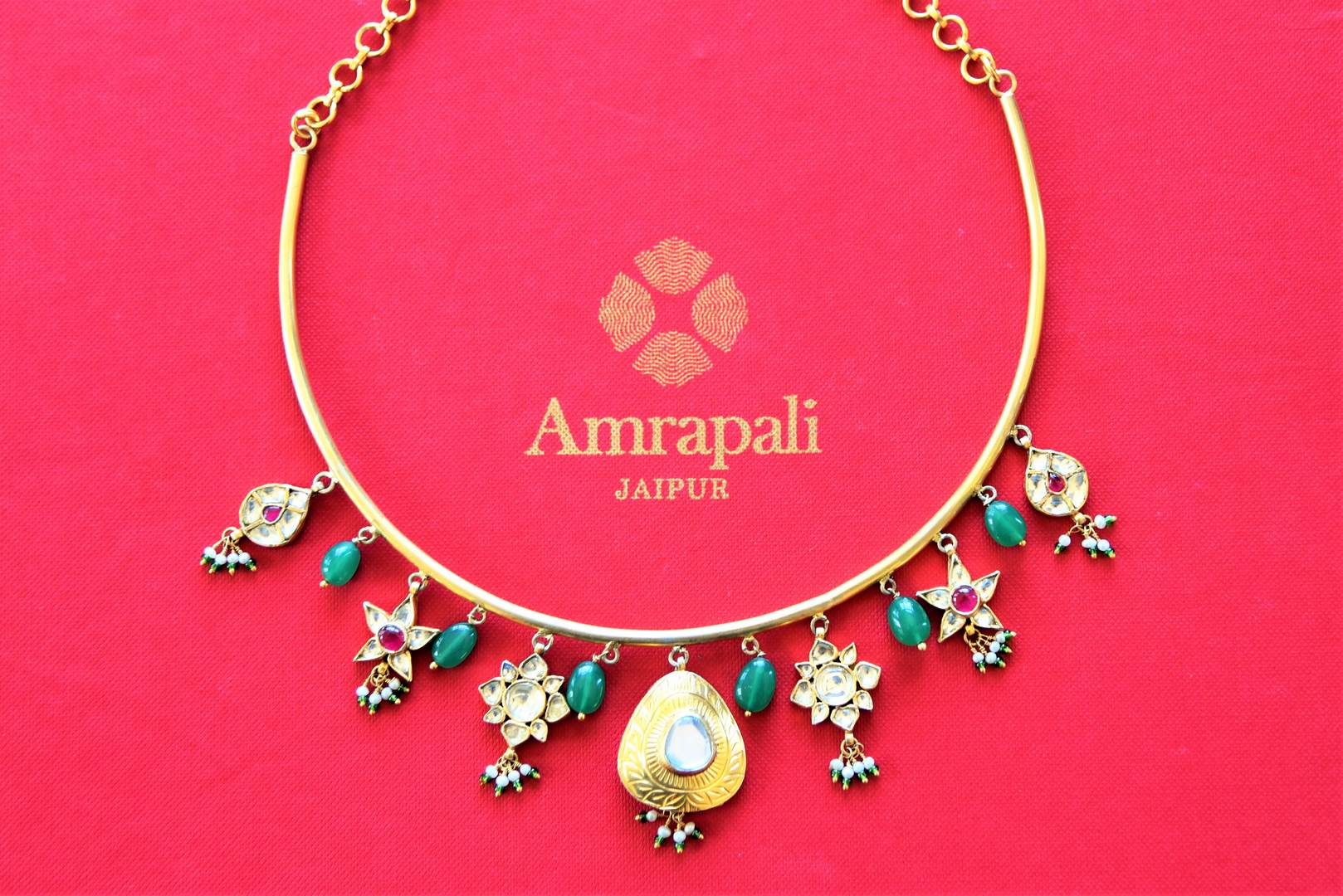 Shop beautiful gold plated hasli necklace online in USA with glass floral drops. Shop exclusive gold plated jewelry, wedding jewelry , bridal jewelry, gold plated earrings, silver jewelry from Amrapali at Pure Elegance Indian fashion store in USA.-front