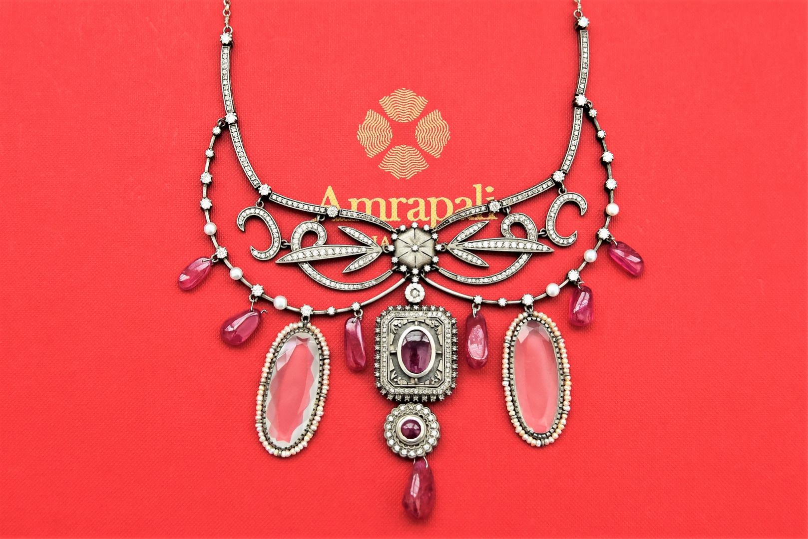 Shop beautiful Amrapali heavy silver necklace online in USA with pink stones. Shop gold plated jewelry, silver jewelry,  silver earrings, bridal jewelry, fashion jewelry from Amrapali from Pure Elegance Indian clothing store in USA.-full view