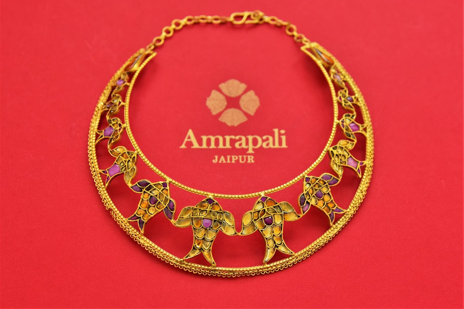Shop stunning fish motifs gold plated choker necklace online in USA. Add an elegant touch to your style with gold plated necklace, silver jewelry, wedding jewelry, gold plated earrings in USA from Pure Elegance Indian fashion store in USA.-full view