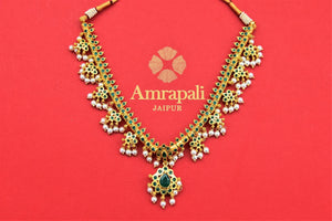 Shop traditional gold plated green stone necklace online in USA with pearls. Shop gold plated jewelry, silver jewelry,  silver earrings, bridal jewelry, fashion jewelry from Amrapali from Pure Elegance Indian clothing store in USA.-full view