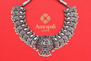 Shop stunning heavy silver peacock necklace online in USA with pearls. Shop gold plated jewelry, silver jewelry,  silver earrings, bridal jewelry, fashion jewelry from Amrapali from Pure Elegance Indian clothing store in USA.-full view