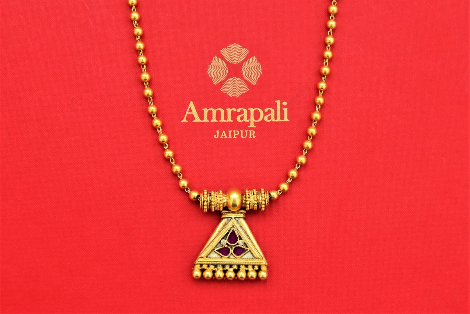 Buy beaded gold plated necklace online in USA with triangle pendant. Shop gold plated jewelry, silver jewelry,  silver earrings, bridal jewelry, fashion jewelry from Amrapali from Pure Elegance Indian clothing store in USA.-full view
