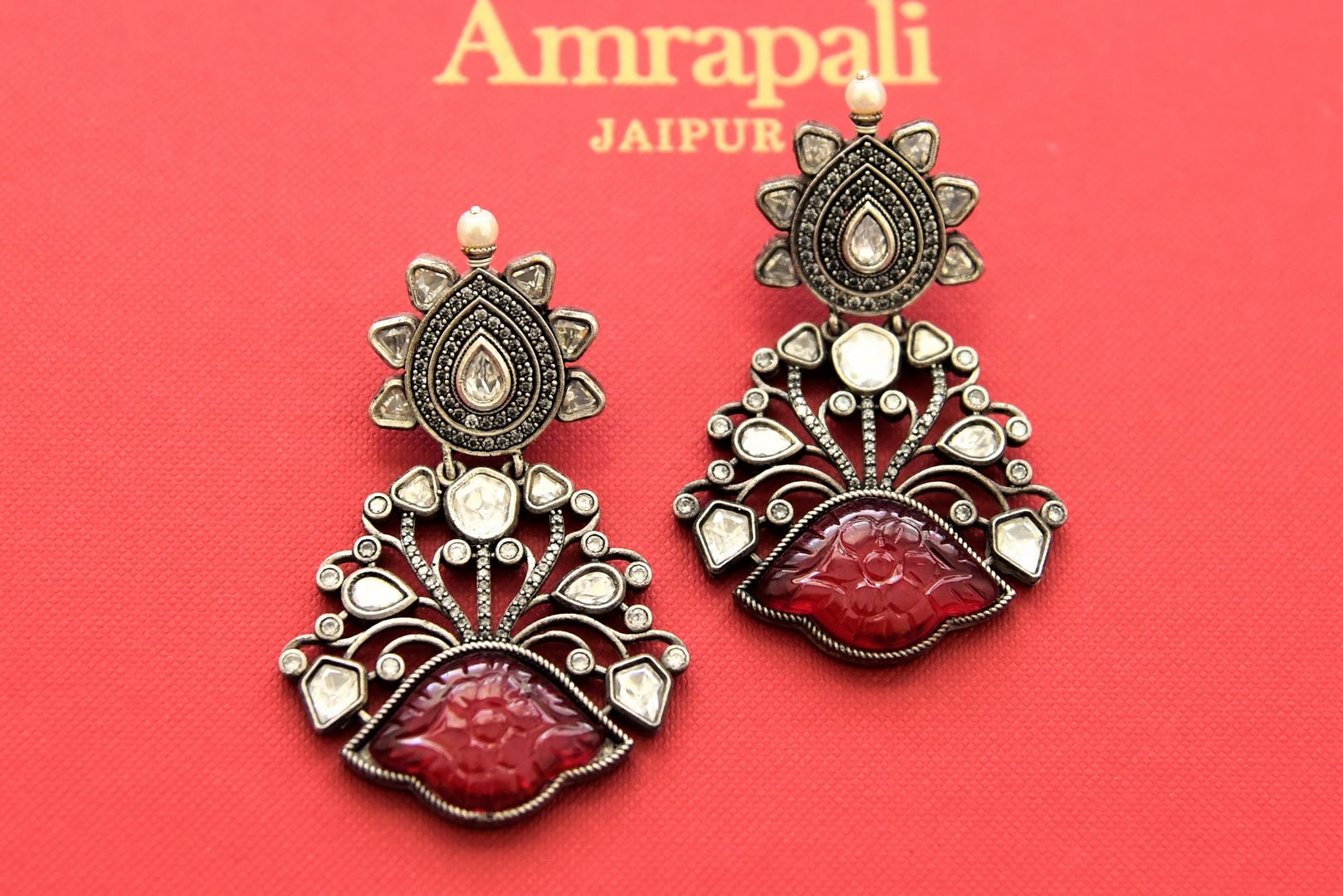 Shop Amrapali glass and red stone silver earrings online in USA. Shop gold plated jewelry, silver jewelry,  silver earrings, bridal jewelry, fashion jewelry from Amrapali from Pure Elegance Indian clothing store in USA.-full view
