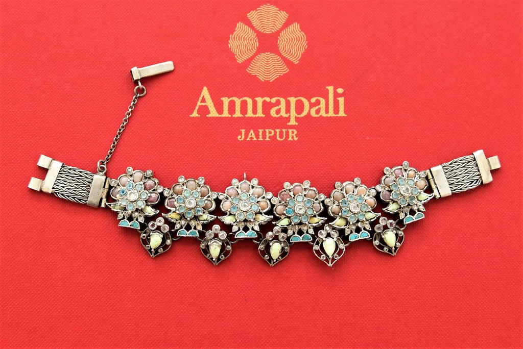 Shop Amrapali pastel stones floral choker necklace online in USA. Shop gold plated jewelry, silver jewelry,  silver earrings, bridal jewelry, fashion jewelry from Amrapali from Pure Elegance Indian clothing store in USA.-full view