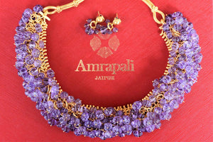 Shop Amrapali gold plated necklace set online in USA with cluster purple beads. Shop exclusive gold plated jewelry, wedding jewelry , bridal jewelry, gold plated earrings, silver jewelry from Amrapali at Pure Elegance Indian fashion store in USA.-full view