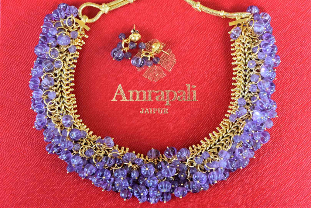 Buy Amrapali gold plated necklace set online in USA with cluster blue beads. Shop exclusive gold plated jewelry, wedding jewelry , bridal jewelry, gold plated earrings, silver jewelry from Amrapali at Pure Elegance Indian fashion store in USA.-full view