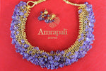 Buy Amrapali gold plated necklace set online in USA with cluster blue beads. Shop exclusive gold plated jewelry, wedding jewelry , bridal jewelry, gold plated earrings, silver jewelry from Amrapali at Pure Elegance Indian fashion store in USA.-full view