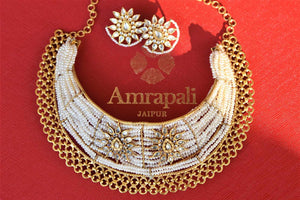 Shop beautiful pearl strings Amrapali gold plated necklace online in USA with kundan earrings. Shop exclusive gold plated jewelry, wedding jewelry , bridal jewelry, gold plated earrings, silver jewelry from Amrapali at Pure Elegance Indian fashion store in USA.-full view