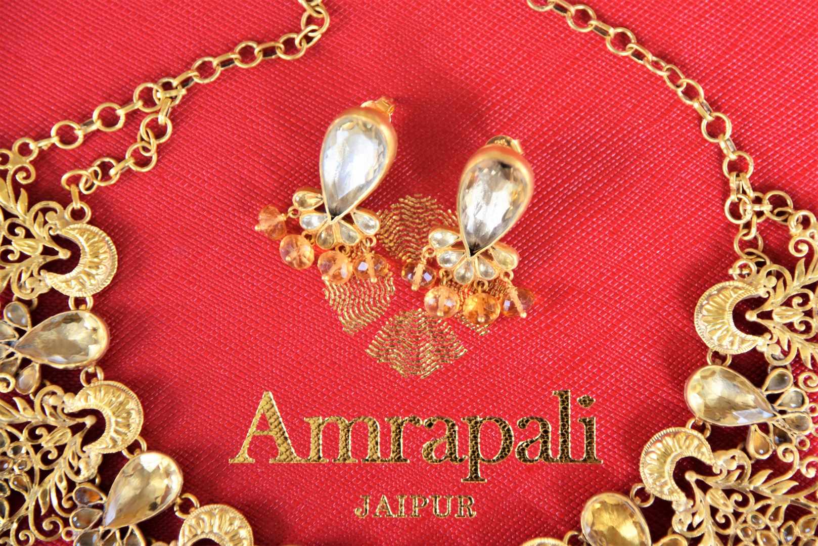 Shop stunning glass and gold plated filigree necklace set online in USA. Shop exclusive gold plated jewelry, wedding jewelry , bridal jewelry, gold plated earrings, silver jewelry from Amrapali at Pure Elegance Indian fashion store in USA.-earrings
