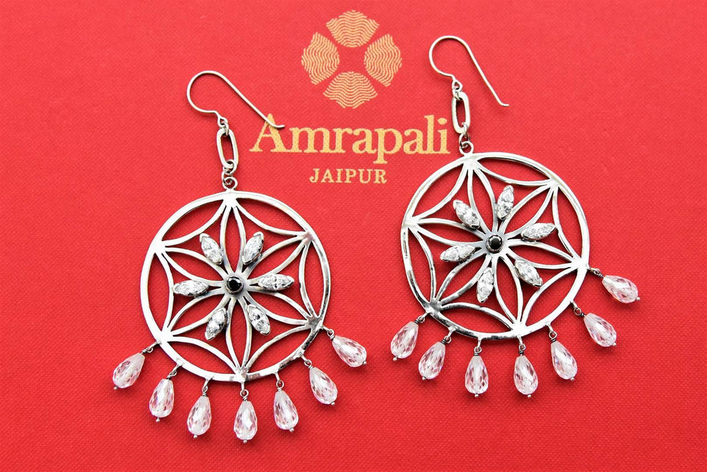 Shop beautiful silver floral jaal earrings online in USA with crystal drops. Look beautiful in Indian jewelry, gold plated jewelry , silver jewelry, gold plated earrings, wedding jewelry from Pure Elegance Indian fashion store in USA.-full view