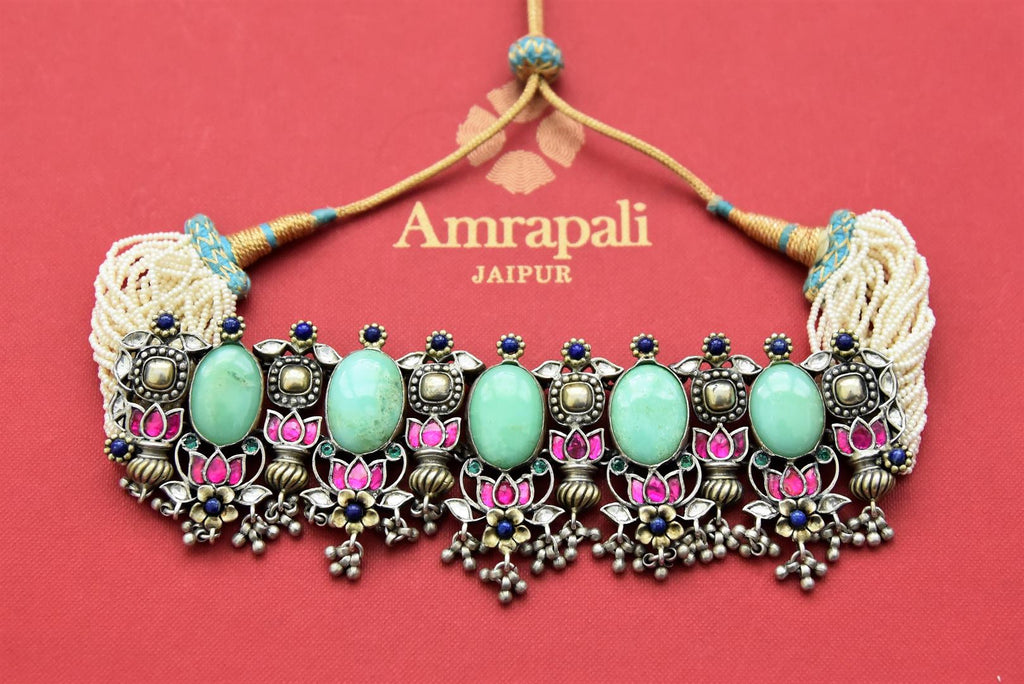 Buy beautiful blue stone and pink Lotus silver and pearl choker online in USA. Get ready for festive occasions in beautiful gold plated jewelry , silver jewelry , wedding jewelry, bridal jewelry by Amrapali from Pure Elegance Indian fashion store in USA.-full view