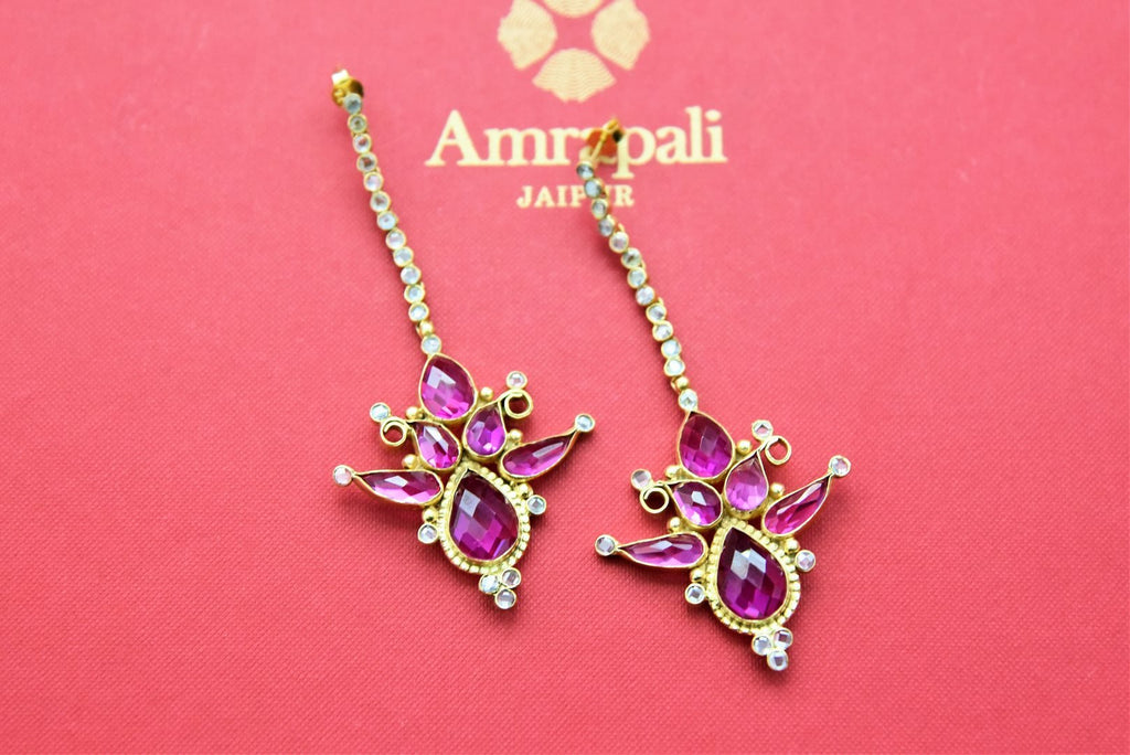 Buy beautiful purple stone Lotus flower gold plated danglers online in USA. Add a beautiful spark to your ethnic style with gold plated jewelry, silver jewelry, gold plated earrings, wedding jewelry, silver necklaces from Pure Elegance Indian fashion store in USA.-full view