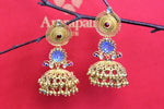 Buy Amrapali gold plated blue glass earrings online in USA with jhumka drops. Be the center of attraction at weddings and festive occasions in the exquisite Indian jewelry, golden plated jewellery, gold plated earrings, silver jewelry, silver earrings from Pure Elegance India fashion store in USA.-full view