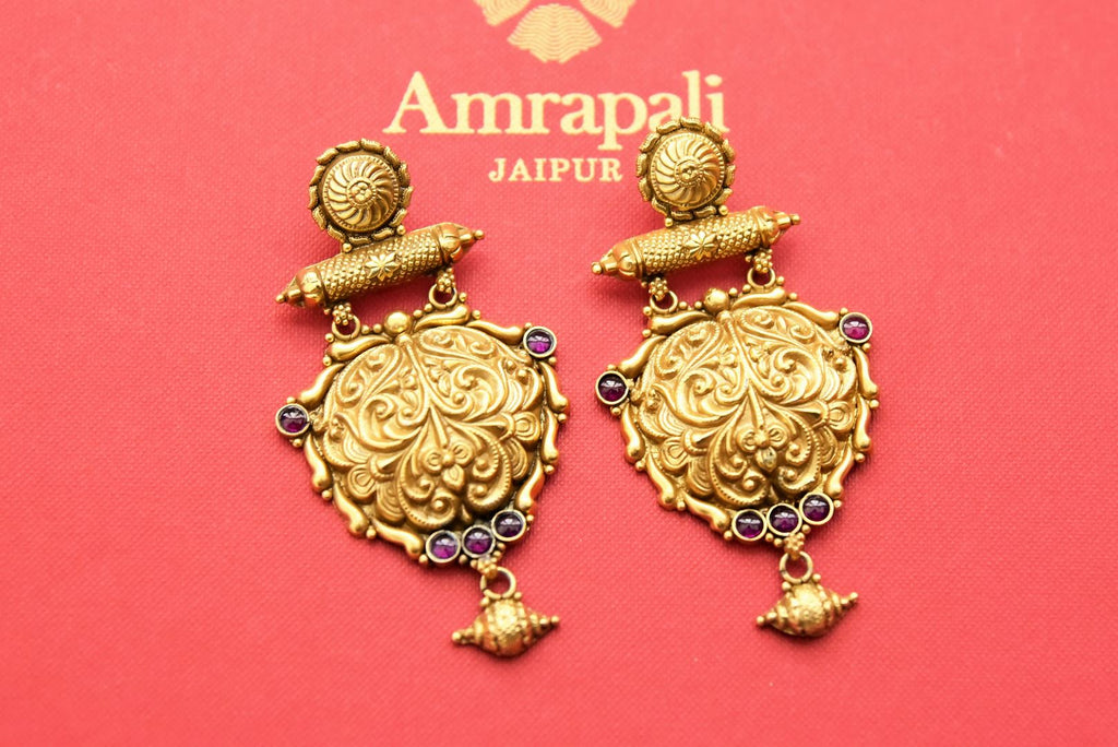 Buy Amrapali traditional gold plated engraved danglers online in USA. Add a beautiful spark to your ethnic style with gold plated jewelry, silver jewelry, gold plated earrings, wedding jewelry, silver necklaces from Pure Elegance Indian fashion store in USA.-full view