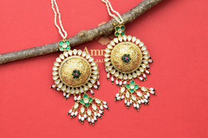 Shop Amrapali silver gold plated heavy kundan earrings online in USA with pearls. Be the center of attraction at weddings and festive occasions in the exquisite Indian jewelry, golden plated jewellery, gold plated earrings, silver jewelry, silver earrings from Pure Elegance India fashion store in USA.-full view