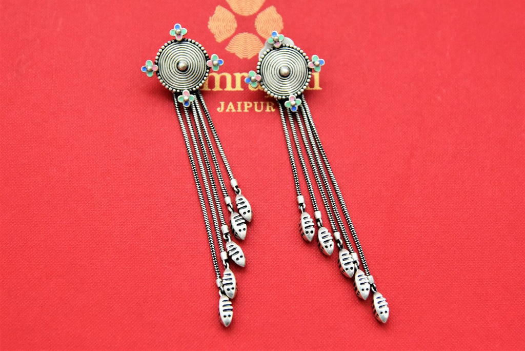 Buy Amrapali enamel silver tassel earrings online in USA. Add a beautiful spark to your ethnic style with gold plated jewelry, silver jewelry, gold plated earrings, wedding jewelry, silver necklaces from Pure Elegance Indian fashion store in USA.-full view