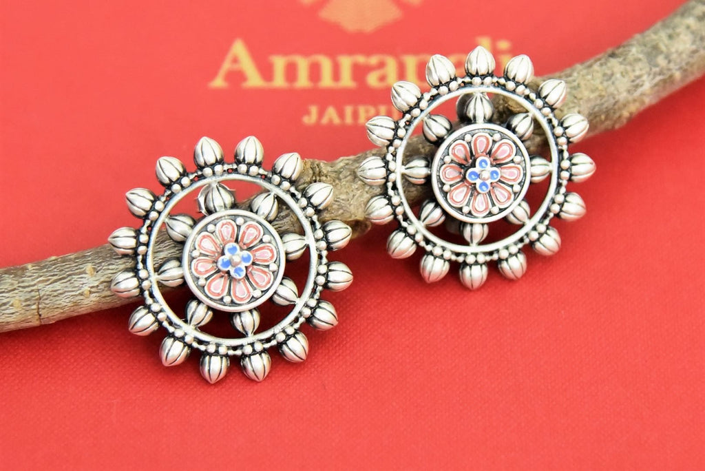 Shop Amrapali silver enamel big studs online in USA. Add a beautiful spark to your ethnic style with gold plated jewelry, silver jewelry, gold plated earrings, wedding jewelry, silver necklaces from Pure Elegance Indian fashion store in USA.-full view