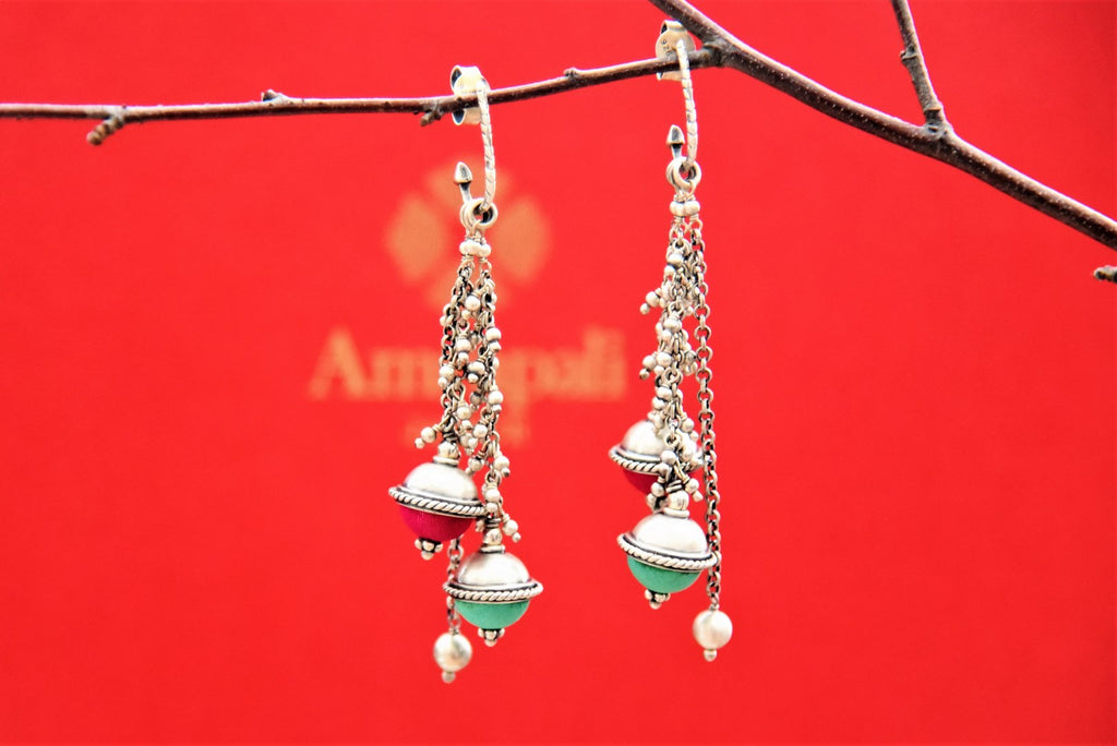 Buy Amrapali silver earrings online in USA with tassels. Complete your Indian look with beautiful Amrapali gold plated jewelry, gold plated earrings, temple jewelry, silver jewelry, silver earrings available at Pure Elegance Indian fashion store in USA.-full view