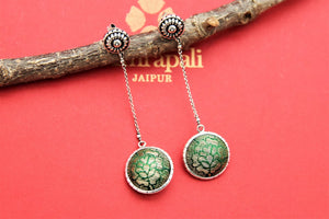 Buy Amrapali silver earrings online in USA with green fabric ball. Buy beautiful silver jewelry, gold plated jewelry, silver earrings, wedding jewelry from Pure Elegance Indian fashion store in USA. -full view