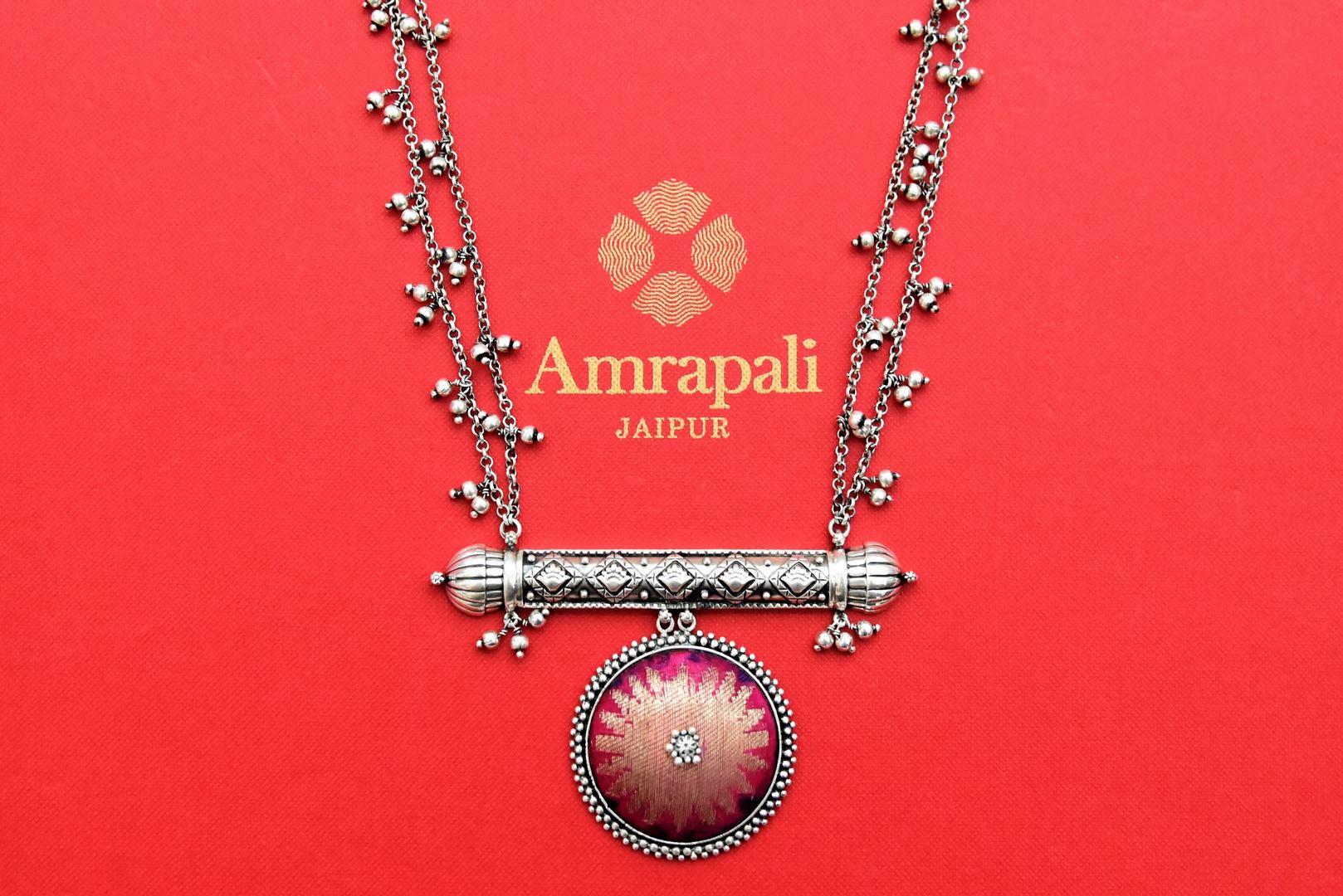 Shop Amrapali pink fabric pendant silver necklace online in USA. Buy beautiful silver jewelry, gold plated jewelry, silver earrings, wedding jewelry, gold plated earrings from Pure Elegance Indian fashion store in USA. -full view