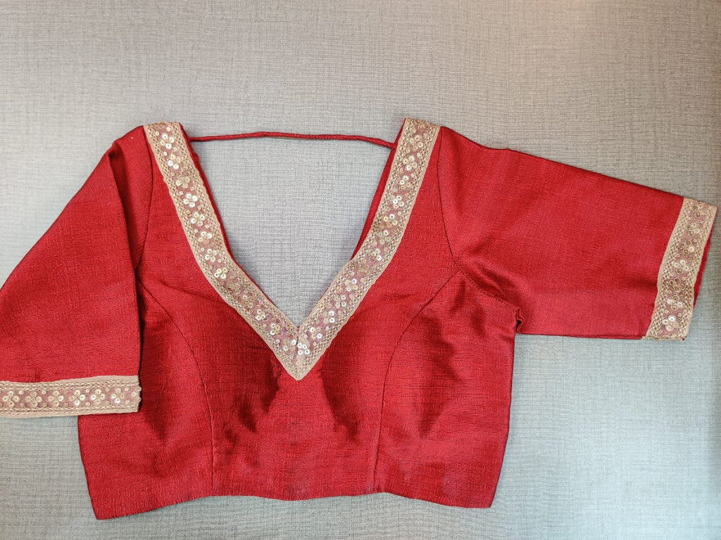 Buy stunning red embroidered sari blouse online in USA. Elevate your Indian ethnic saree looks with beautiful readymade saree blouse, embroidered saree blouses, Banarasi saree blouse, designer sari blouses from Pure Elegance Indian fashion store in USA.-front