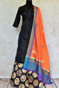 Buy black raw Silk Kurta with Banarasi palazzo online from Pure Elegance. Our store brings you an exquisite collection of traditional Indian dresses online in USA.-full view
