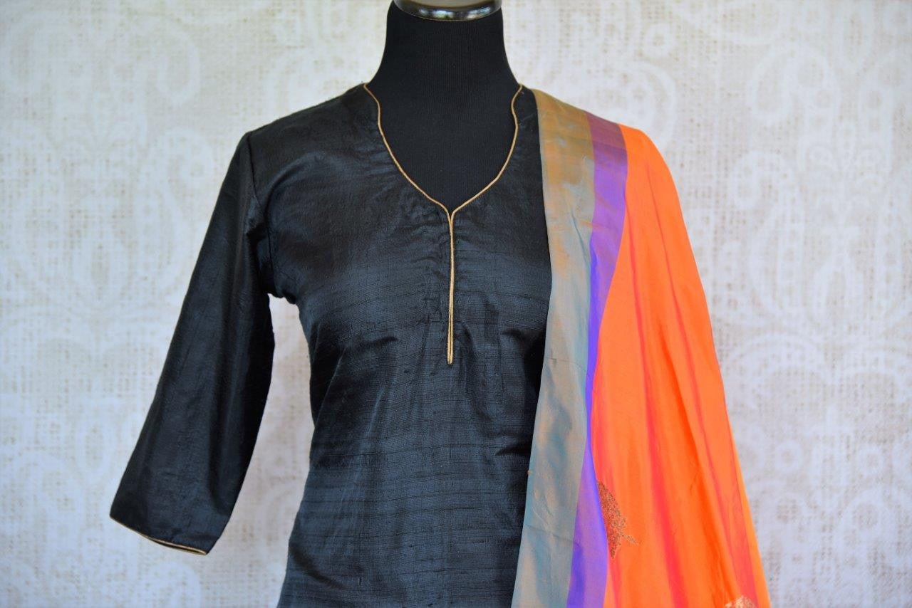 Buy black raw Silk Kurta with Banarasi palazzo online from Pure Elegance. Our store brings you an exquisite collection of traditional Indian dresses online in USA.-top