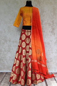 Pure Elegance store brings stylish Indowestern dresses online in USA. Buy elegant red Banarasi skirt with gold yellow raw silk blouse online for Indian festivals and other occasions.-full view