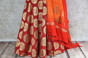 Pure Elegance store brings stylish Indowestern dresses online in USA. Buy elegant red Banarasi skirt with gold yellow raw silk blouse online for Indian festivals and other occasions.-skirt