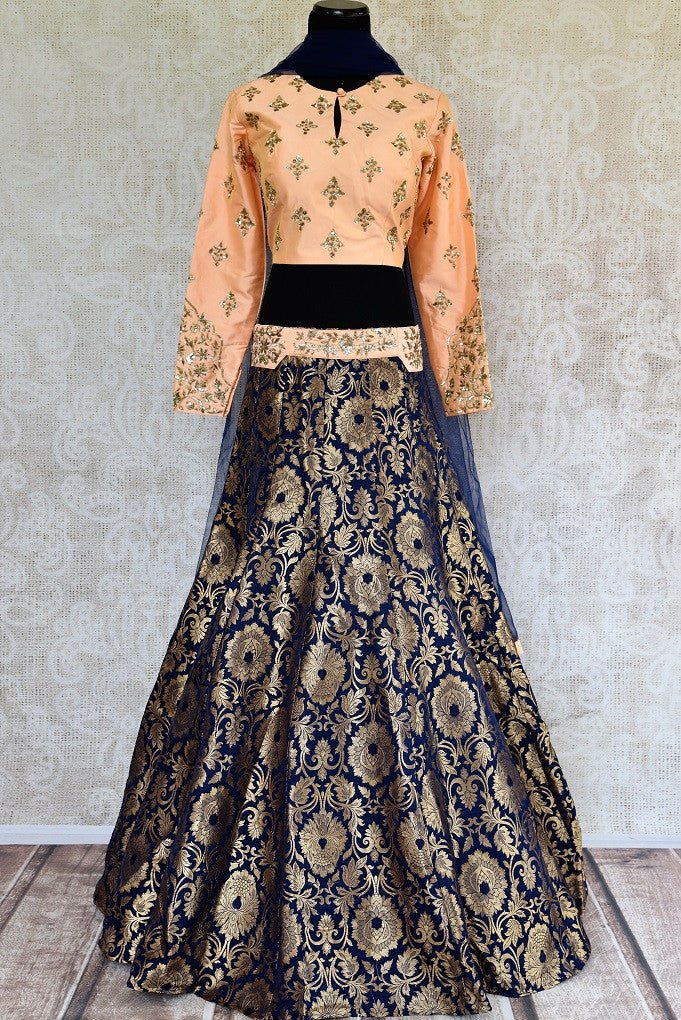 Buy online designer blue Banarasi skirt with peach embroidered blouse with dupatta .  Pure Elegance store brings Indian designer lehenga choli online in USA.-full view