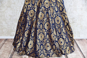 Buy online designer blue Banarasi skirt with peach embroidered blouse with dupatta .  Pure Elegance store brings Indian designer lehenga choli online in USA.-skirt