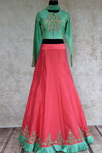 Buy online designer Green Embroidered Silk Blouse with Pink Skirt and Dupatta.  Pure Elegance brings stylish Indowestern clothing online for Indian women in USA.-full view