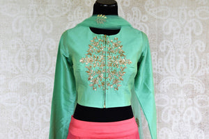 Buy online designer Green Embroidered Silk Blouse with Pink Skirt and Dupatta.  Pure Elegance brings stylish Indowestern clothing online for Indian women in USA.-front