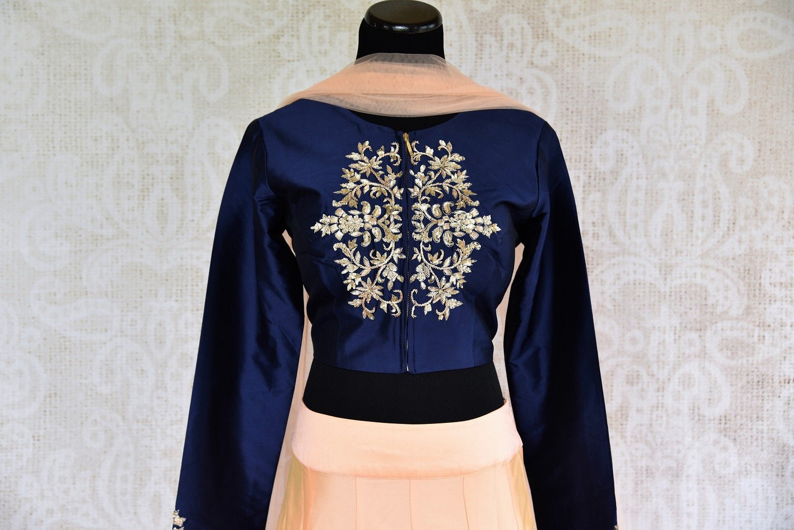 Buy online designer blue embroidered silk blouse with peach skirt and dupatta.  Pure Elegance brings stylish Indowestern clothing online for Indian women in USA.-top