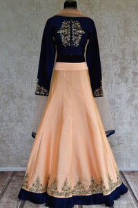 Buy online designer blue embroidered silk blouse with peach skirt and dupatta.  Pure Elegance brings stylish Indowestern clothing online for Indian women in USA.-full view