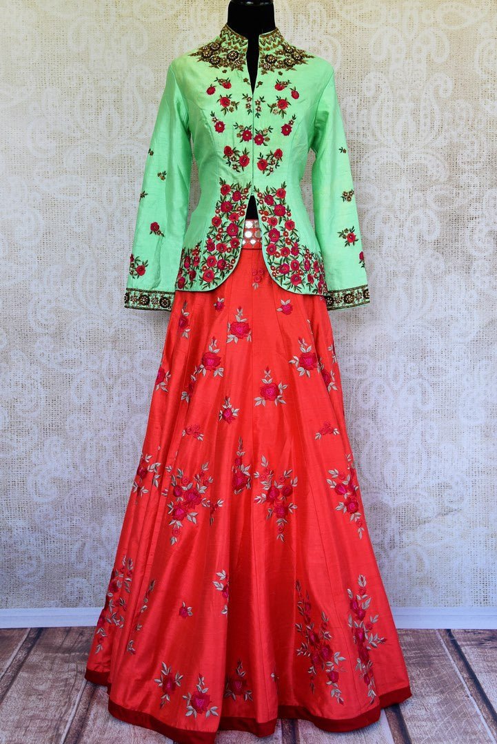 Buy green raw silk embroidered kurta with red chanderi skirt online in USA  from Pure Elegance. Our store brings you designer Indian outfits for every occasion.-full view