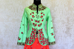 Buy green raw silk embroidered kurta with red chanderi skirt online in USA  from Pure Elegance. Our store brings you designer Indian outfits for every occasion.-top