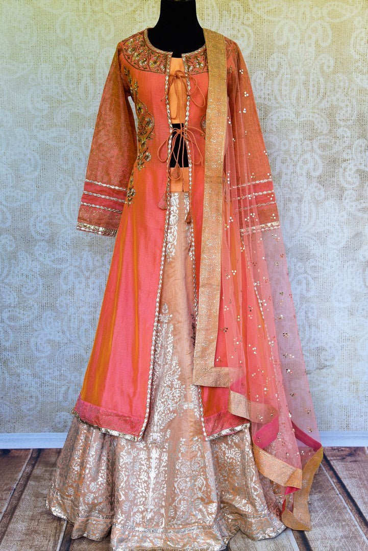 Buy peach gota patti kurta with chanderi silk skirt online in USA. Pure Elegance fashion store brings a stunning range of Indian formal dresses in USA for every occasion.-full view