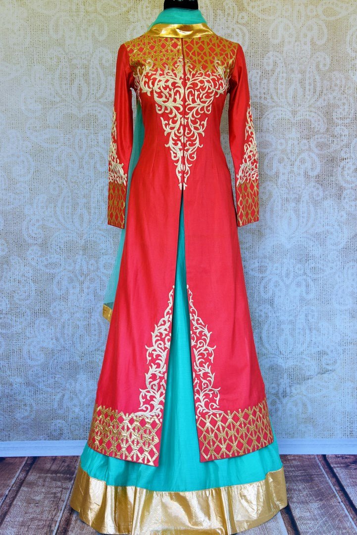 Buy coral applique work silk kurta with blue skirt online in USA. Pure Elegance fashion store brings a stunning range of Indian designer lehenga skirt in USA for weddings.-full view