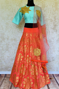 Buy sky blue gota patti silk choli with Banarasi skirt online in USA. Pure Elegance fashion store brings a stunning range of Indian designer lehenga choli in USA for weddings.-full view